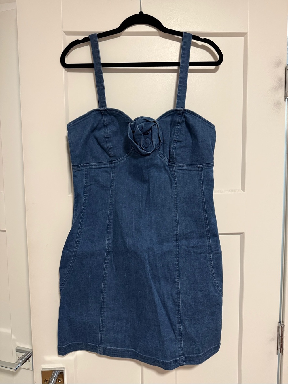 Denim Mini Dress with Rosette Detail - Blue
